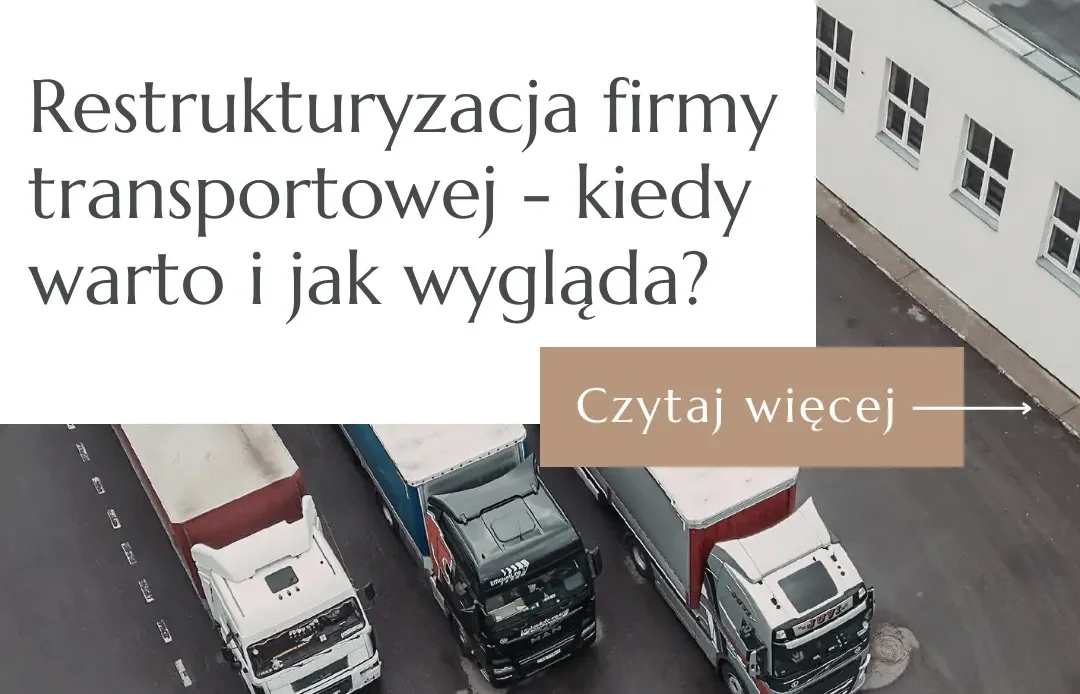 Trzy ciągniki siodłowe zaparkowane przed bazą transportową – grafika przewodnika o restrukturyzacji TSL 2026.
