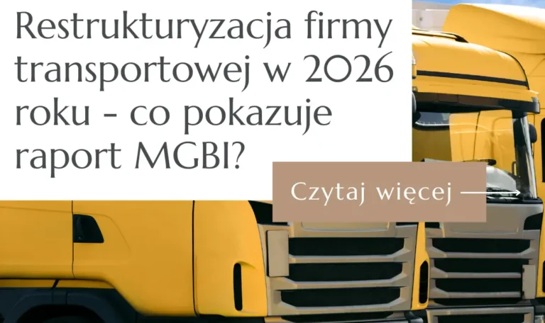 Grafika blogowa z żółtymi ciężarówkami i napisem „Restrukturyzacja firmy transportowej w 2026 roku - co pokazuje raport MGBI?”.