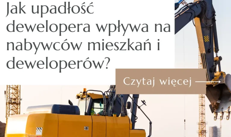 Żółta gąsienicowa koparka na placu budowy przed powstającym budynkiem mieszkalnym - grafika o upadłości dewelopera w 2026 roku.