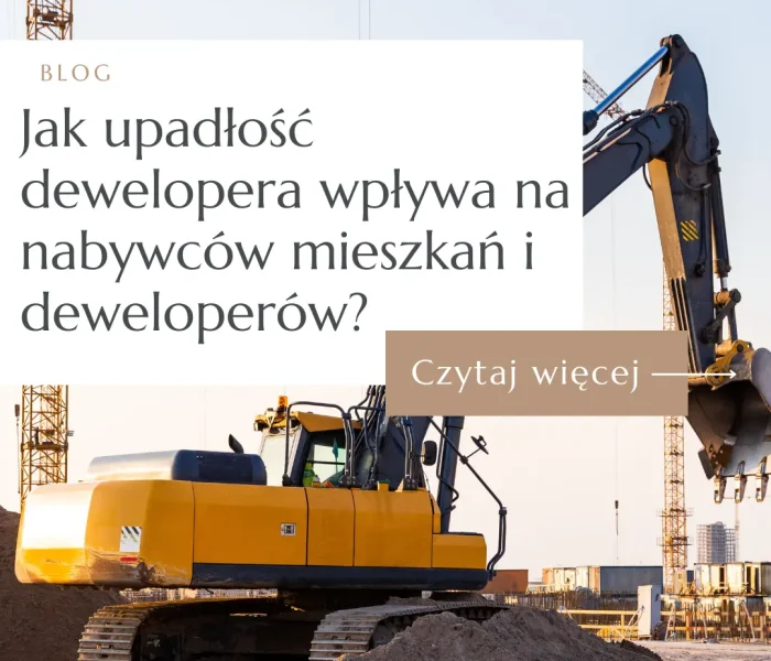 Żółta gąsienicowa koparka na placu budowy przed powstającym budynkiem mieszkalnym - grafika o upadłości dewelopera w 2026 roku.