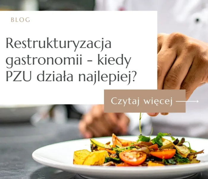 Ręce szefa kuchni dekorującego danie pęsetą – grafika blogowa o restrukturyzacji gastronomii w 2026 roku.